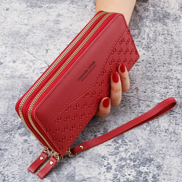 Kvinnor Läderplånbok Lång Plånbok Koppling Dragkedja Flerlagers Business Wallet Bag red