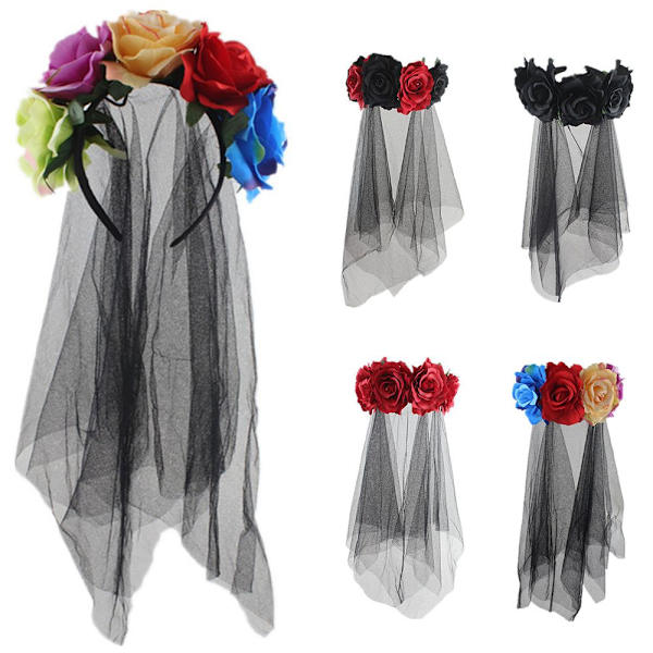 Halloween hårband Rose Flowers Pannband Blommig huvudbonad red&black