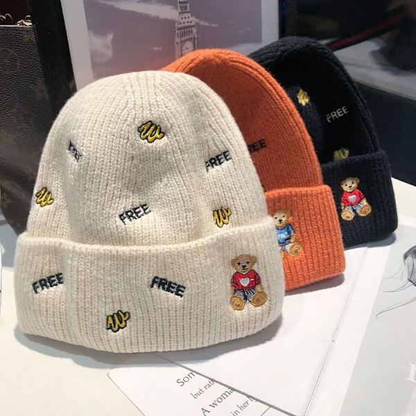 Kvinnor Flickor Vinter Varm Cartoon Bear Tjock Beanie Mjuka Virkade Hattar white