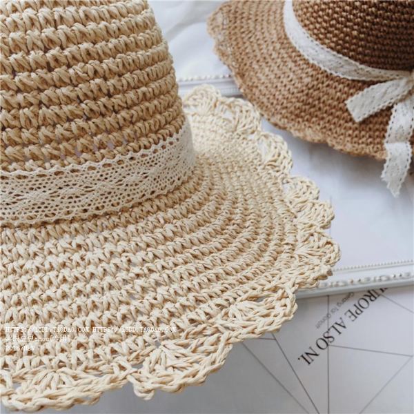 Kvinnor sommarhatt hopfällbar ihålig spetsstrimning halmhatt strandhatt Khaki