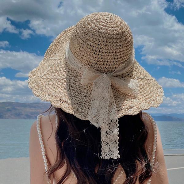 Kvinnor sommarhatt hopfällbar ihålig spetsstrimning halmhatt strandhatt Beige