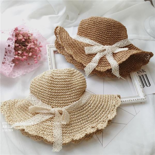 Kvinnor sommarhatt hopfällbar ihålig spetsstrimning halmhatt strandhatt Beige