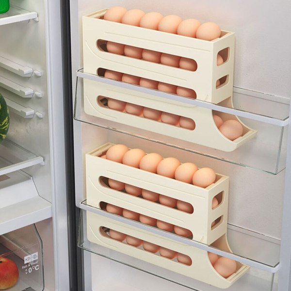4-lagers ägghållare för kylskåp Äggdispenser Automatisk rullande äggbricka Förvaring 30 äggbehållare Beige