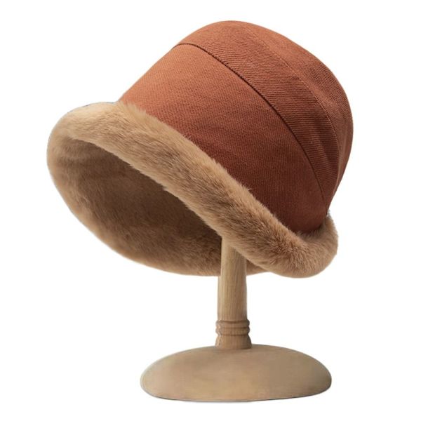 Dam Vinter Bucket Hat Fuskpäls Varm Panama Hat Rust Red