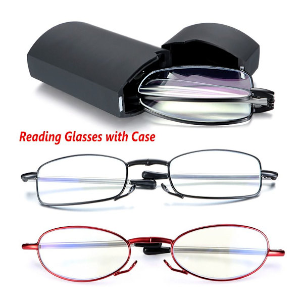 Unisex blått ljusblockerande hopfällbara läsglasögon styrka+1,00~+4,00 med case Black Strength 2.0x