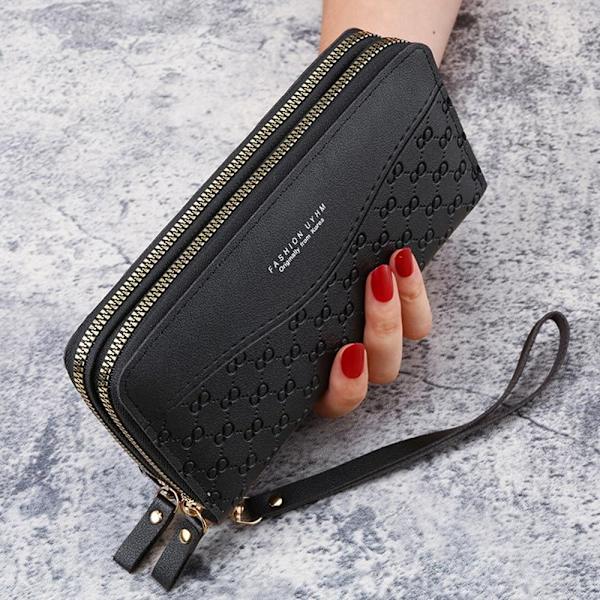 Kvinnor Läderplånbok Lång Plånbok Koppling Dragkedja Flerlagers Business Wallet Bag black