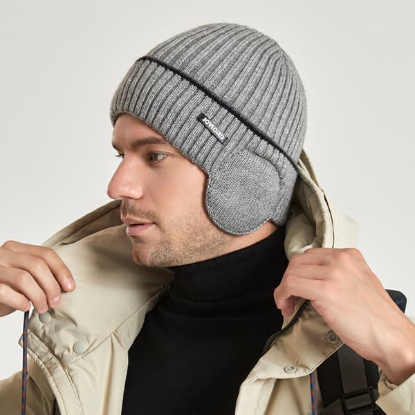 Unisex Vintermössor Stickad Ullmössa Tjock Fleecefodrad Mössa med Öronlappar Stretch Light Gray
