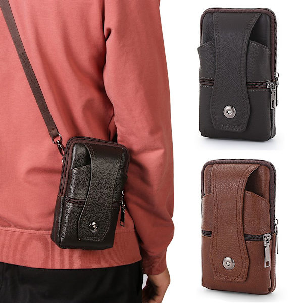 Midjeväska för män i äkta läder Crossbody mobiltelefonväska brown
