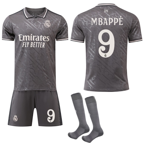 2024-2025 Real Madrid Bortatröja Grå Fotbollströja med Strumpor för Barn Vuxen No.9 Mbappé 20