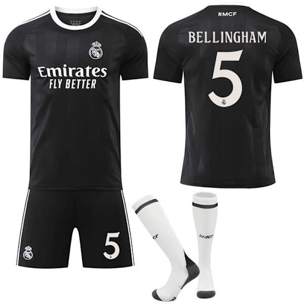 25-26 Real Madrid Barn Voksen Svart Trenings Fotballskjorte Sett med Sokker No.5 Bellingham M