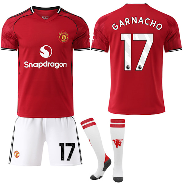 2025-2026 Manchester United Hjemme Fotballdrakt Barn Voksen med Sokker No.17 GARNACHO 26