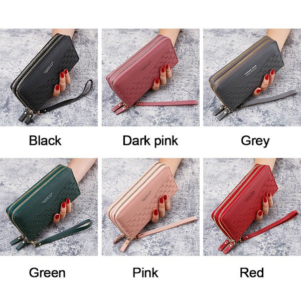 Kvinnor Läderplånbok Lång Plånbok Koppling Dragkedja Flerlagers Business Wallet Bag red