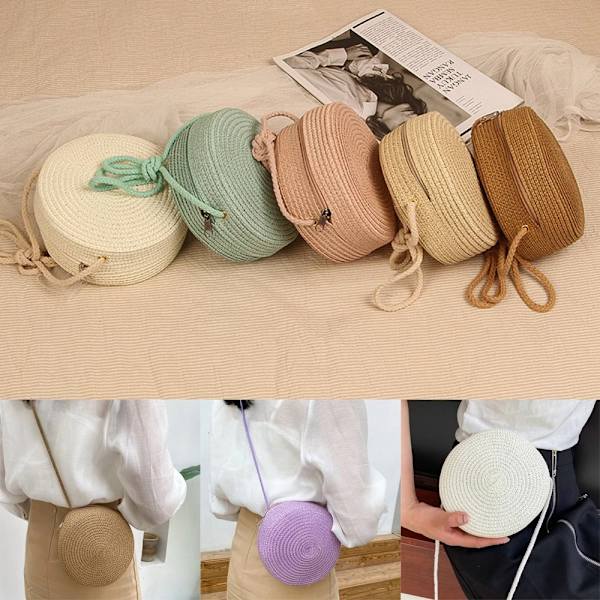 Rund stråväska Dam vävd strandväska Handgjord stickad handväska beige