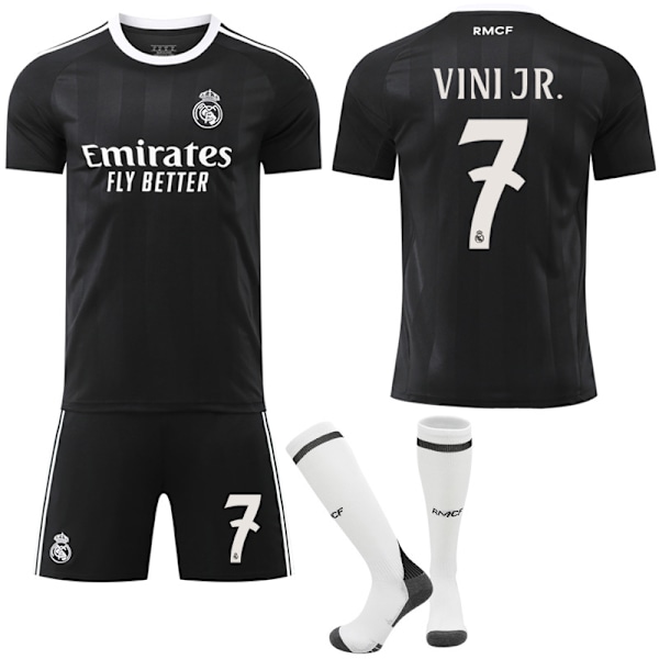 25-26 Real Madrid Barn Voksen Svart Trenings Fotballskjorte Sett med Sokker No.7 VINI JR 18