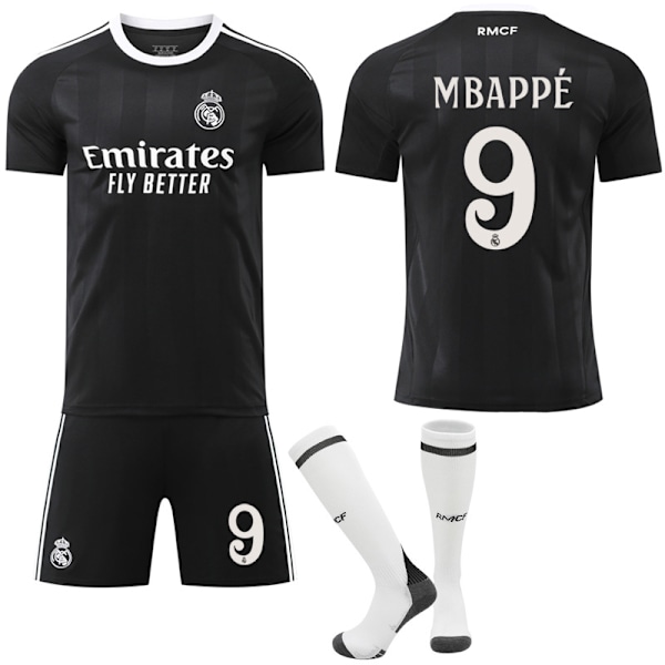 25-26 Real Madrid Barn Voksen Svart Trenings Fotballskjorte Sett med Sokker No.9 Mbappé L