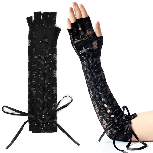 1 par Halloween långa handskar Steampunk Gothic Spets Korsett Arm Armbåge Fingerlös Cosplay Handske Black