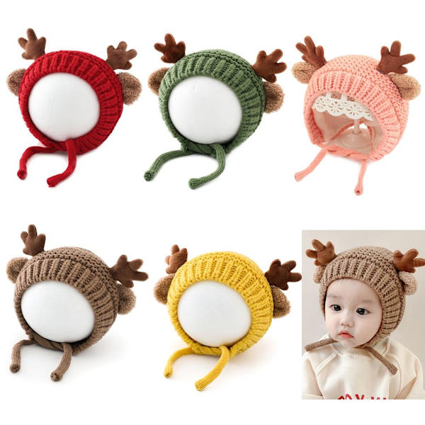 Baby Söt Rådjur Älghorn Hat Vinter Varm Plysch Stickad Ull Öronvärmare red
