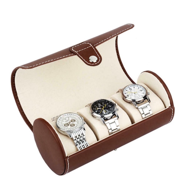 3 Slot Watch Box Resor PU Läder Roll Case Smycken Förvaring brown