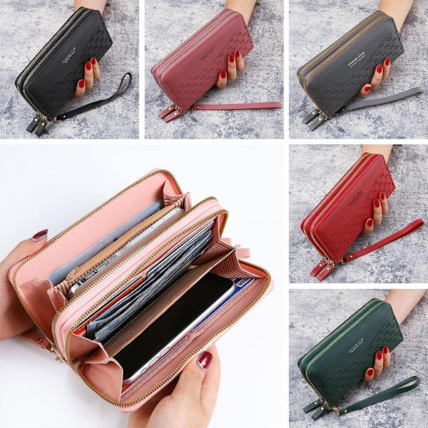 Kvinnor Läderplånbok Lång Plånbok Koppling Dragkedja Flerlagers Business Wallet Bag grey