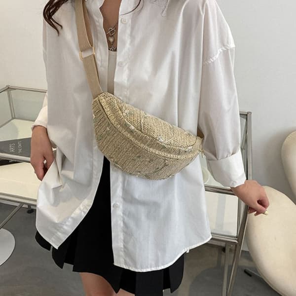 Modestråväskor för kvinnor, midjeväska, strandväska, crossbody axelväska White
