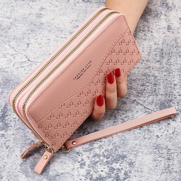 Kvinnor Läderplånbok Lång Plånbok Koppling Dragkedja Flerlagers Business Wallet Bag pink