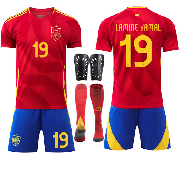 2024 UEFA EM Barnfotbollströja Kit Spanien Hemma Nr.19 LAMINE YAMAL With socks+kneepad 22