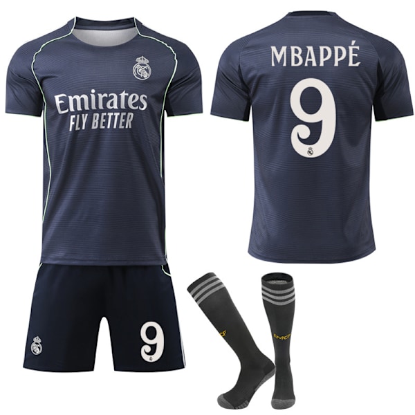 2025-2026 Real Madrid Nya Säsongen Bortaställ Barn Vuxen Fotbollströja Kit med Strumpor No.9 Mbappé L