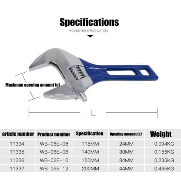 Skiftnyckel 4/5/6/8 tum 0-44 mm Metrisk Krom Vanadin Stål Mini Stort öppningsbart kort handtag gör-det-själv reparationsverktyg 8inch Opening 44mm