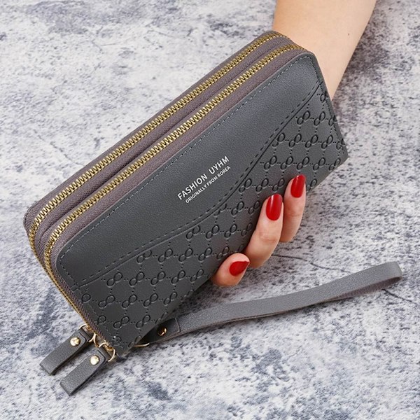 Kvinnor Läderplånbok Lång Plånbok Koppling Dragkedja Flerlagers Business Wallet Bag grey