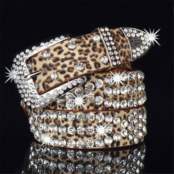 Dam Rhinestone Bälte Läder Bling Crystal Glitter Midjeband leopard print