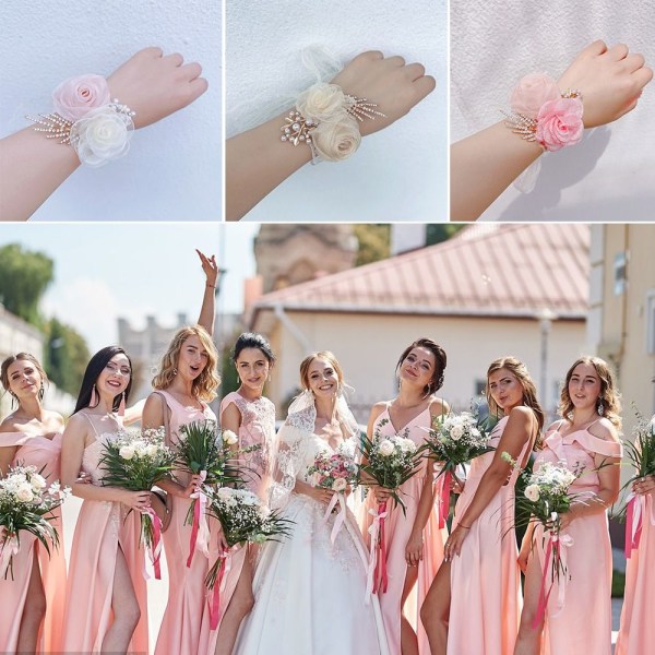 Flickor Brudtärna Wrist Blommor Pearl Rhinestones Rose Armband Tyg Hand Blommor 01