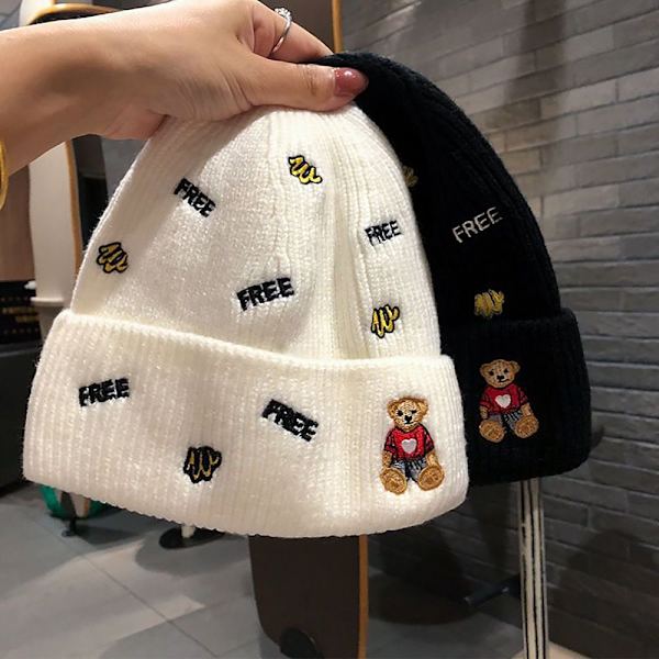 Kvinnor Flickor Vinter Varm Cartoon Bear Tjock Beanie Mjuka Virkade Hattar white
