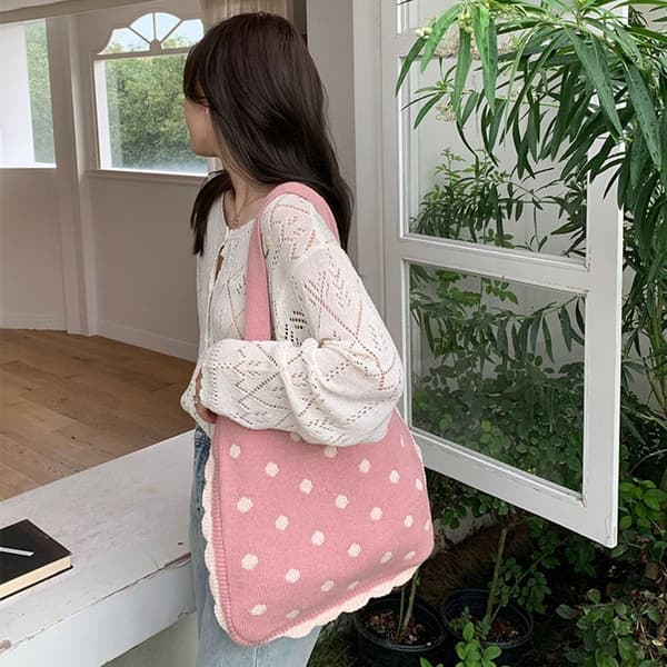 Stickade handväskor för kvinnor Retro ullvävd shoppingväska Pink