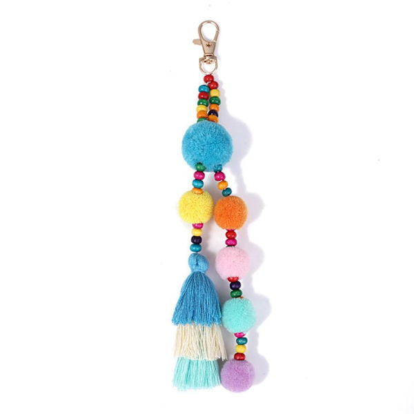 Fluffig pompom boll tofs nyckelring nyckelring berlock hängande väska hängande dekoration blue