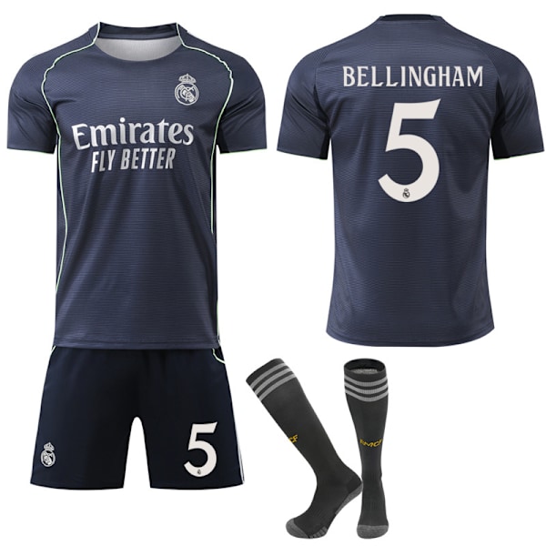 2025-2026 Real Madrid Nya Säsongen Bortaställ Barn Vuxen Fotbollströja Kit med Strumpor No.5 Bellingham XXL