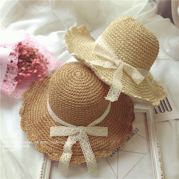 Kvinnor sommarhatt hopfällbar ihålig spetsstrimning halmhatt strandhatt Beige