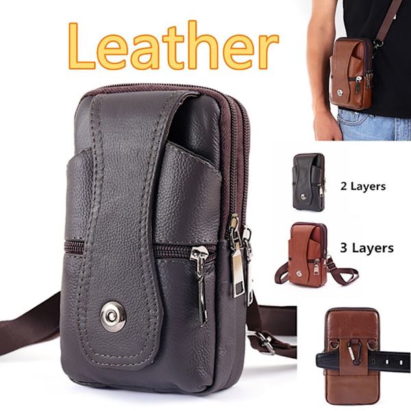 Midjeväska för män i äkta läder Crossbody mobiltelefonväska brown