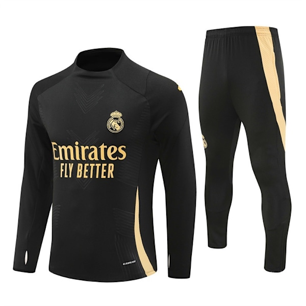 2024-2025 Ny Real Madrid Fotboll Långärmad Svart Tränings T-shirt för Vuxna och Barn XL