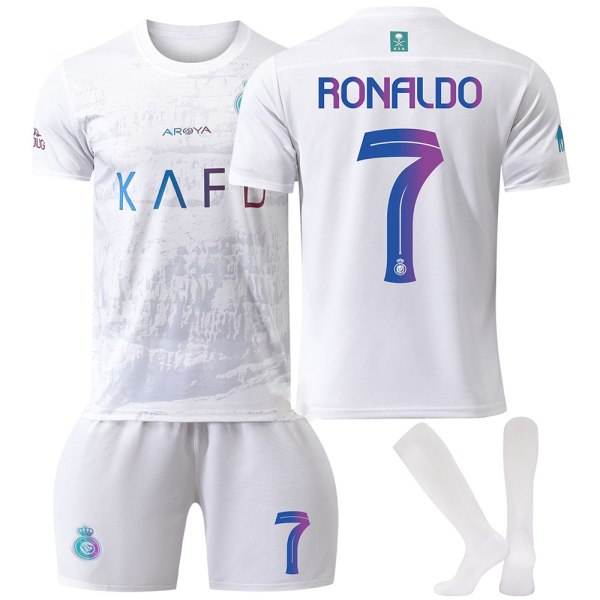 23-24 Al-Nassr FC Borta fotbollsdräkter med strumpa för barn nr 7 Ronaldo XL