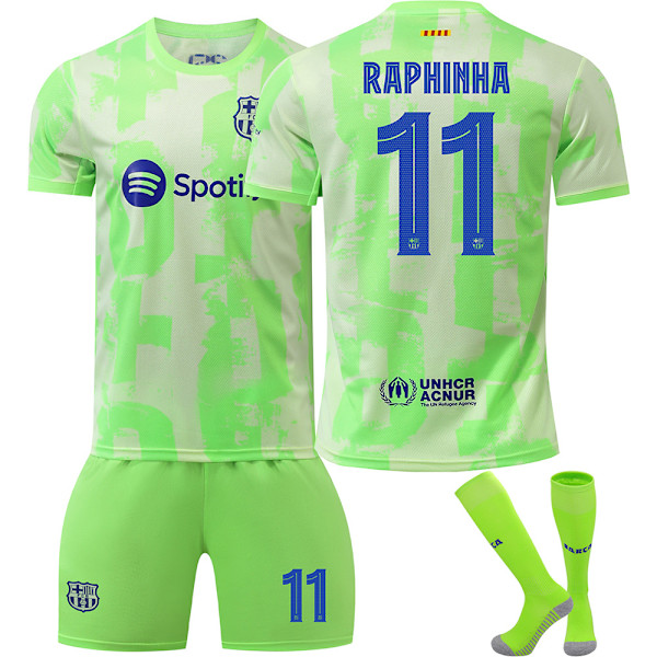 2024-2025 Barcelona Bortaställ Barn Vuxen Grön Fotbollströja Med Strumpor No.11 Raphinha XL