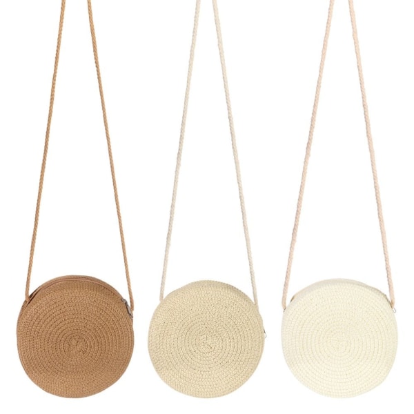 Rund stråväska Dam vävd strandväska Handgjord stickad handväska beige