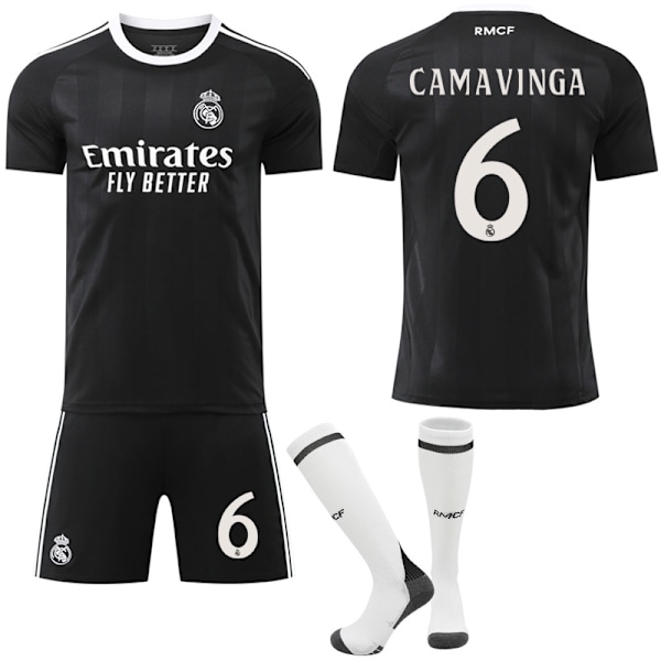 25-26 Real Madrid Barn Voksen Svart Trenings Fotballskjorte Sett med Sokker No.6 Camavinga 18