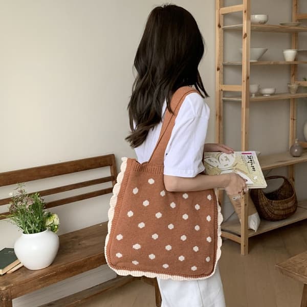 Stickade handväskor för kvinnor Retro ullvävd shoppingväska Dark Brown