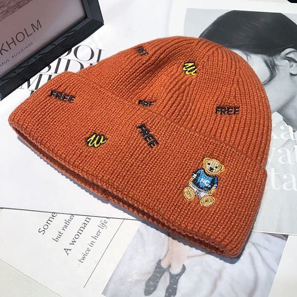 Kvinnor Flickor Vinter Varm Cartoon Bear Tjock Beanie Mjuka Virkade Hattar brick red