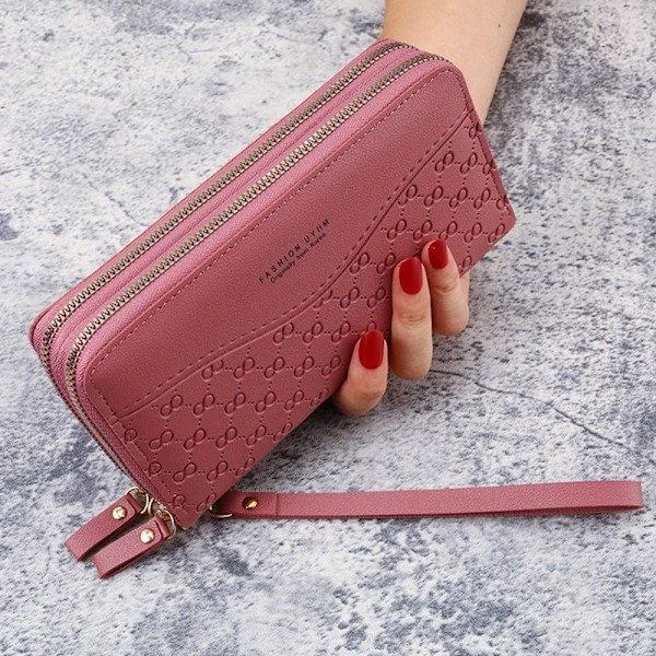 Kvinnor Läderplånbok Lång Plånbok Koppling Dragkedja Flerlagers Business Wallet Bag dark pink
