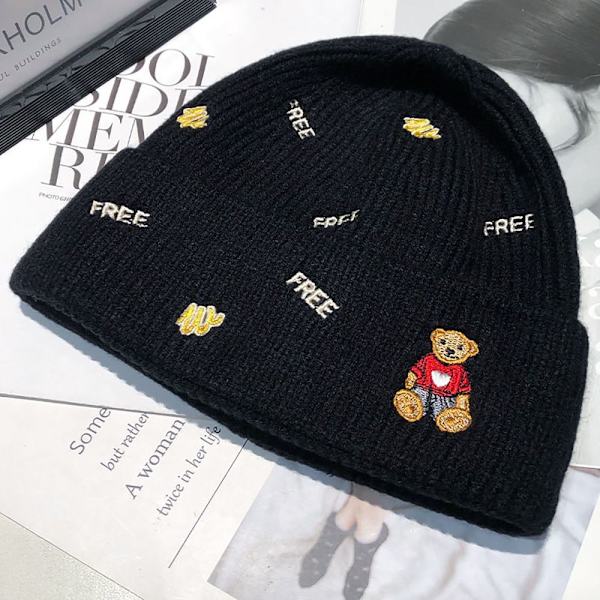 Kvinnor Flickor Vinter Varm Cartoon Bear Tjock Beanie Mjuka Virkade Hattar black