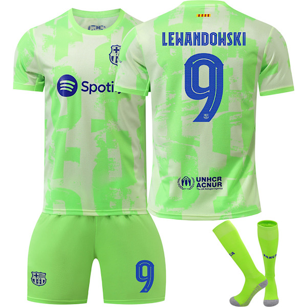 2024-2025 Barcelona vieraspaidan vihreä jalkapallopaitasetti sukilla No.9 Lewandowski XXL