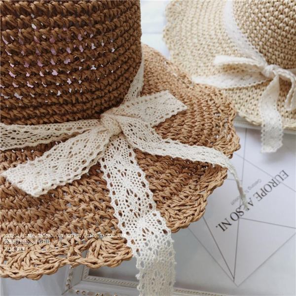 Kvinnor sommarhatt hopfällbar ihålig spetsstrimning halmhatt strandhatt Beige