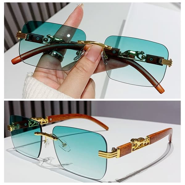 Trendiga Rimless Cut Edge Solglasögon Unika Solglasögon med Geparddesign Gradient Tea
