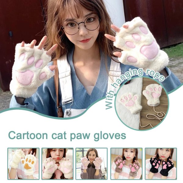 Vinter Tecknad Katt Klo Öppna Finger Trådade Varma Handskar Korean Cu pink one-size